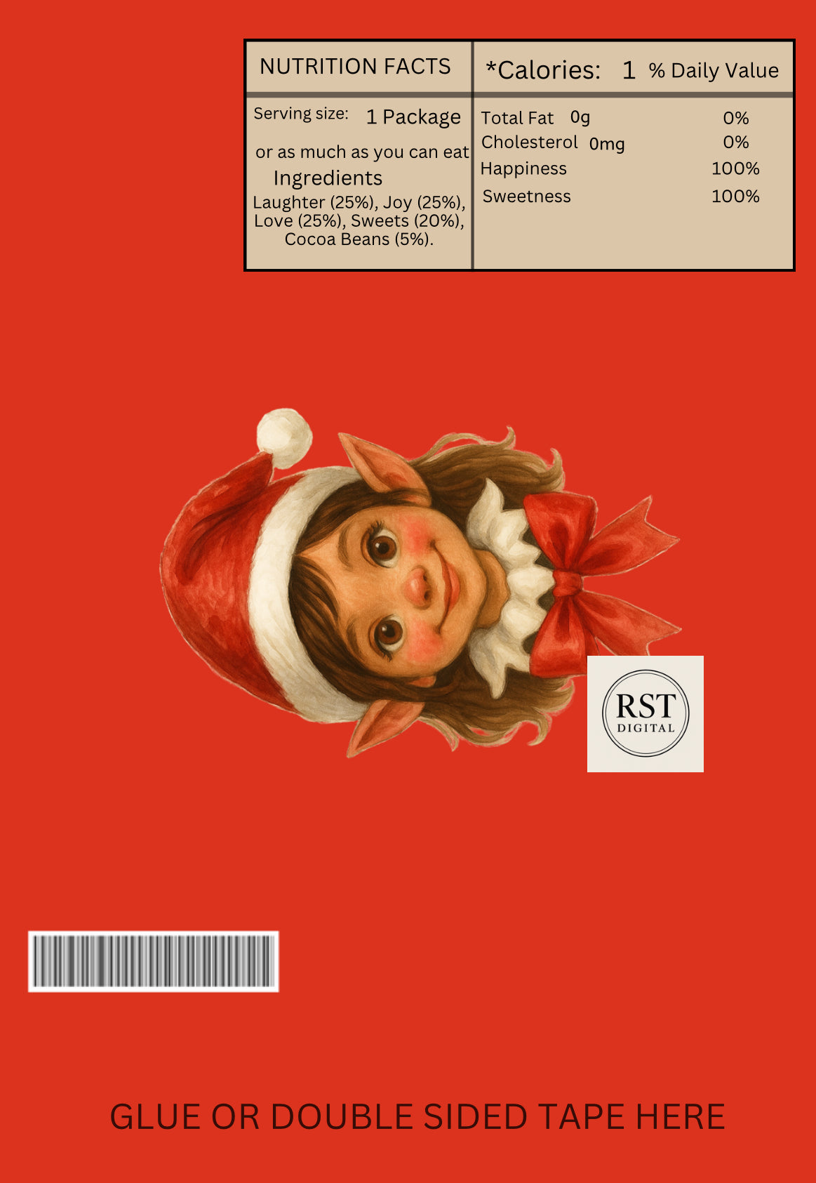 Elf Head Brown hair/Light Skin Chocolate Wrapper (comes with Mock up no logo, and writing Options)