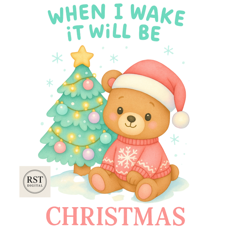 Christmas "When I Wake..." Pink Bear with Tree